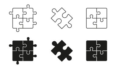 Kare Bulmaca Hattı ve Siluet Simgesi Ayarlandı. Bulmaca Parçası Pictogram. Yapboz Kısmi Sembol. Düzenlenebilir Vuruş. İzole Vektör İllüstrasyonu.