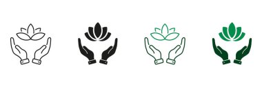 İnsan Elleri Çiçek Tutma Hattı ve Siluet Simgesi Ayarlandı. Yoga ve SPA Sembolü. Lotus ve Eller, Meditasyon Piktogramı. Güzellik Kliniği İşareti. Düzenlenebilir Vuruş. İzole Vektör İllüstrasyonu.