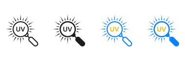 Ultraviyole ışınları Araştırma Hattı ve Siluet Simgesi Ayarlandı. Büyüteç Piktogram 'lı UV. Yaz Güneşi Sembolü. Tehlike Sıcak Dalgası İşareti. İzole Vektör İllüstrasyonu.