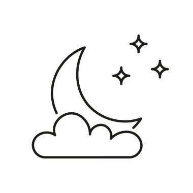 Bulut ve Yıldız Çizgisi Simgesi ile Hilal Ay. Barışçıl Gece Gökyüzü Dış Hattı Sembolü. Düzenlenebilir Vuruş. İzole Vektör İllüstrasyonu.