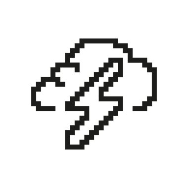 Piksel Sanatında Şimşek Simgesi olan Fırtına Bulutu. Pixelated Thunderstorm Hava Sembolü. Fırtına Koşulları İşareti. İzole Vektör İllüstrasyonu.