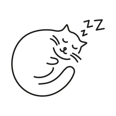 ZZZ Hat Simgesi ile Uyuyan Kedi. Huzurlu Hayvan Dinlenme ve Gece Uyku Özeti Sembolü. Kıvrılmış Kedi, Huzurlu Hayvan Uykusu. Düzenlenebilir Vuruş. İzole Vektör İllüstrasyonu.