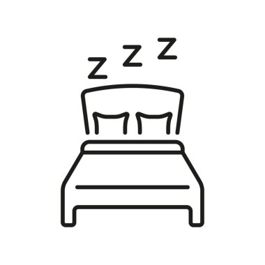 ZZZ Hattı Simgesi olan çift kişilik yatak. Yastıklı rahat yatak ve battaniye ana hatlı sembol. Huzurlu Uyku Yeri. Düzenlenebilir Vuruş. İzole Vektör İllüstrasyonu.