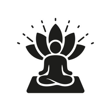 Poose Lotus Siluet Simgesi 'ndeki Yoga Kişisi. Meditasyon Asana Egzersizi Siyah Simge. Zen Sağlığı. İzole Vektör İllüstrasyonu.