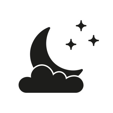 Bulut ve Yıldız Siluet Simgesi ile Hilal Ay. Huzurlu Gece Gökyüzü Sembolü. İzole Vektör İllüstrasyonu.