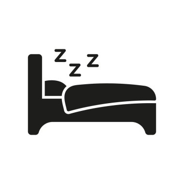 ZZZ Siluet Simgesiyle Yatak. Battaniye Kabartmalı Yatak Sembolü. Huzurlu Uyku Alanı. Rahat bir uyku yeri. İzole Vektör İllüstrasyonu.