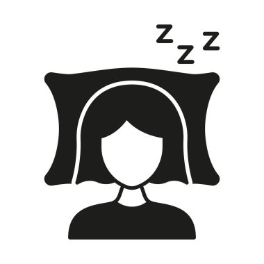 Yastığın Üzerinde ZZZ Siluet Simgesiyle Uyuyan Kadın. Gevşemiş Uyuyan Kadın Sembolü. Huzurlu bir uyku. İzole Vektör İllüstrasyonu.