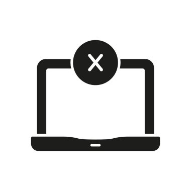 Çapraz İmzalı Siluet Simgesi olan dizüstü bilgisayar. Taşınabilir Aygıt Glyph Sembolündeki Eylemi İptal Et ya da Hata. Aygıtı kapat ya da bağlantısını kes. İzole Vektör İllüstrasyonu.