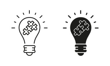 Başarı İcat, İlham, Fikir Kavramı, Ampul Çizgisi Bulmaca ve Siluet Simgesi Ayarları. İcat Stratejisi Sembol Koleksiyonu. Düzenlenebilir Vuruş. İzole Vektör İllüstrasyonu.
