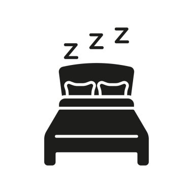 ZZZ silueti simgesi olan çift kişilik yatak. Yastıklı rahat yatak ve battaniye kabartma sembolü. Huzurlu Uyku Yeri. İzole Vektör İllüstrasyonu.