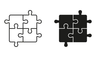 Yapboz, Yapboz Çözüm Simgesi. Kare Parçalar Eşleşmesi, Mantık Kombine Piktogram. Fikir, Meydan Okuma Oyunu, Takım Çalışması Çizgisi ve Siluet İşareti. Düzenlenebilir Vuruş. İzole Vektör İllüstrasyonu.