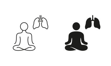 Farkındalık Piktogramı. Rahatlama, Sağlık Sembolü. Derin Nefes Egzersiz Hattı ve Siluet Simgesi Ayarları. Akciğer ve Nilüfer Pozu. Düzenlenebilir Vuruş. İzole Vektör İllüstrasyonu.
