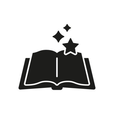 Yıldızların Silüeti Simgesiyle Kitabı Aç. Sihirli Hikaye Glyph Sembolü. Fantezi okuma, uyku masalı ya da peri masalı. İzole Vektör İllüstrasyonu.