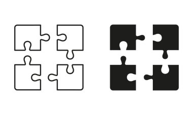 Testere kare parçaları kibrit hattı ve siluet simgesi seti. Bulmaca Mücadelesi, Takım çalışması, Mantık Oyunu, Fikir İşareti. Kombinasyon Çözüm Simgesi. Düzenlenebilir Vuruş. İzole Vektör İllüstrasyonu.