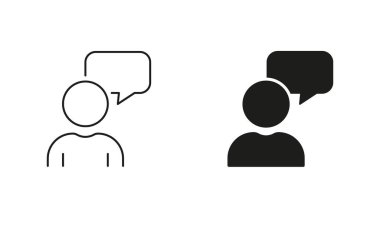 Diyalog, Fikir, Beyin Fırtınası Pictogramı. Müşteri geribildirimi. Konuşma Baloncuğu Hattı ve Siluet Simgesi Ayarlı Adam. İletişim Sembolü. Düzenlenebilir Vuruş. İzole Vektör İllüstrasyonu.