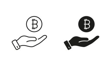 İnsan El Hattında Dolar Sikkesi ve Siluet Simgesi Seti. İş Varlığı Sembolü. Para Tabelasını Kaydet Finans ödemesi, maaş çizelgesi. Mali Ekonomi. Düzenlenebilir Vuruş. İzole Vektör İllüstrasyonu.