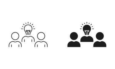 Takım çalışması, Takım ve Ampul Hattı ve Siluet Simgesi Set. Çözüm, Fikir, Yenilik Piktogramı. Ampul Sembollü Yaratıcı Topluluk. Düzenlenebilir Vuruş. İzole Vektör İllüstrasyonu.