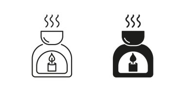 Temel Yağ Yakıcı Hattı ve Siluet Simgesi Ayarları. Rahatlama ve Uyku Sembolü için Aromaterapi. Sakinleştirici Temel Yağ Yayıcı. Düzenlenebilir Vuruş. İzole Vektör İllüstrasyonu.