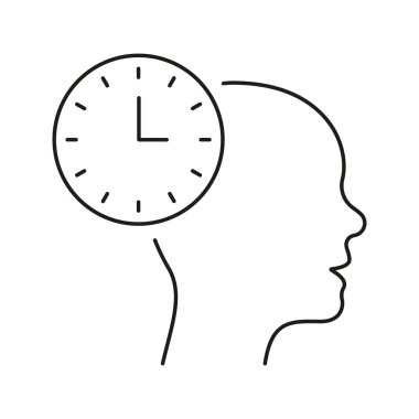 Saat Çizgisi Simgesi ile Baş. Zaman Yönetimi, Zihinsel Planlama ve Bilişsel Planlama Ana Hattı Sembolü. Verimlilik ve Verimlilik Konsepti. Düzenlenebilir Vuruş. İzole Vektör İllüstrasyonu.