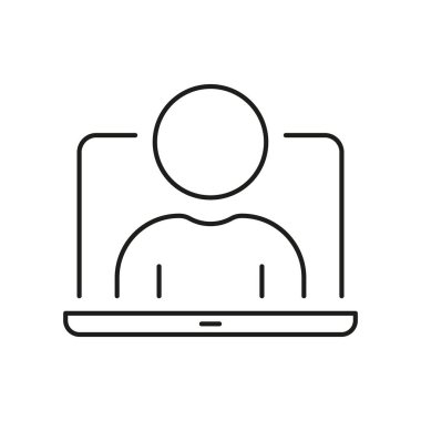 Laptop Ekran Hattı Simgesi Kişisi. Sanal Toplantı, Çevrimiçi İletişim ve Uzaktan Çalışma Ana Hattı Sembolü. Dijital etkileşim ve telekomünikasyon. Düzenlenebilir Vuruş. İzole Vektör İllüstrasyonu.
