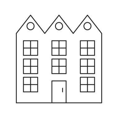 Üç katlı yapı hattı simgesi. Şehir Mimarisi, Konut Konutları ve Gayrimenkul Özeti Sembolü. Modern Şehir Yaşamı, Daire Kompleksi Tasarımı. Düzenlenebilir Vuruş. İzole Vektör İllüstrasyonu.