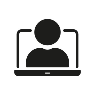 Laptop Ekran Katı Simgesi Kişisi. Sanal Buluşma, Çevrimiçi İletişim ve Uzaktan Çalışma Silüeti Sembol Koleksiyonu. Dijital etkileşim ve telekomünikasyon. İzole Vektör İllüstrasyonu.