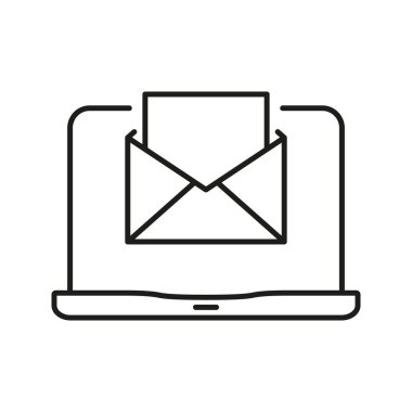E- posta Zarflı Laptop Satır Simgesi. Dijital İletişim, Çevrimiçi Mesajlaşma ve E-posta Pazarlama Ana Hattı Sembolü. İş yazışmaları. Düzenlenebilir Vuruş. İzole Vektör İllüstrasyonu.