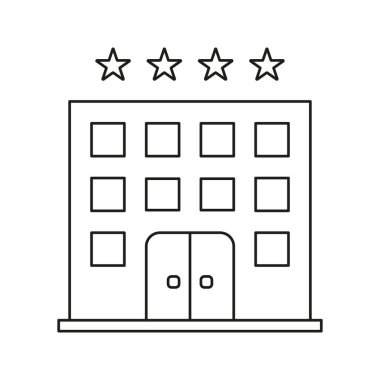 Stars Line Icon 'lu Otel Binası. Lüks konaklama, konukseverlik ve seyahat servisi ana hatlarıyla sembol. Yüksek Kalite Konaklama Temsilcisi. Düzenlenebilir Vuruş. İzole Vektör İllüstrasyonu.