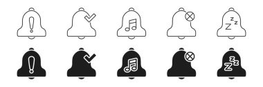 Bell Simge Kümesi 'ne haber verin. Uyarı, Doğrulama, Müzik, Sessizlik ve Uyku Kipi Sembolleri Koleksiyonu. Uygulamalar ve Arayüzler için Çok Yönlü Bildirim Yönetimi Simgeleri. İzole Vektör İllüstrasyonu.