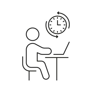 Masada saat çizgisi simgesiyle çalışan kişi. Zaman Yönetimi, Üretim ve Uzaktan Çalışma Ana Hattı Sembolü. Verimli Çalışma ve Programlama. Düzenlenebilir Vuruş. İzole Vektör İllüstrasyonu.