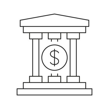 Dolar işareti simgesi olan banka binası. Finans Kurumu, Bankacılık Hizmetleri ve Ekonomik İstikrar Ana Hattı Sembolü. Para İdaresi ve Tasarruf. Düzenlenebilir Vuruş. İzole Vektör İllüstrasyonu.