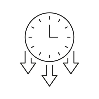 Aşağı doğru ok çizgisi simgesi olan saat. Zaman Yönetimi, Deadline Baskısı ve Verimlilik Özet Sembolü. Verimliliği Arttırma. Düzenlenebilir Vuruş. İzole Vektör İllüstrasyonu.