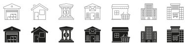 Depo, House, Banka, Postane, Dükkan, Ofis Binası, Alışveriş Merkezi Hattı ve Solid Icon Set. Ticari ve Konut Sembol Koleksiyonu. İzole Vektör İllüstrasyonu.
