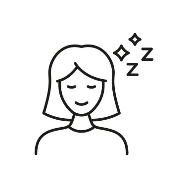 Uyuyan Kadın Simgesi. Huzurlu Uyku, Rahatlama ve Huzurlu Zihin Özeti Sembolü. Uyku kalitesi ve refah. Düzenlenebilir Vuruş. İzole Vektör İllüstrasyonu.