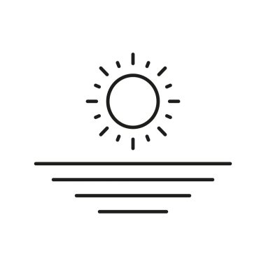 Sunrise Over Water Line Simgesi. Sabah Sükuneti, Yeni Başlangıçlar ve Doğa Güzelliği Özeti Sembolü. Serene Peyzaj Temsilcisi. Düzenlenebilir Vuruş. İzole Vektör İllüstrasyonu.