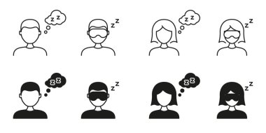 Göz Maskesi Hattı ve Katı Simge Ayarlı Uyuyan Kişi. Dinlenme, rahatlama, Uyku Sembolü Koleksiyonu. Uyku maskeli ve düşünce köpüklü erkek ve kadın figürleri. İzole Vektör İllüstrasyonu.