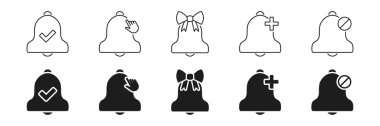 Bell Simge Kümesi 'ne haber verin. Uyarı, Hatırlatma, Bildirim Yönetim Taslak ve Siluet Sembol Koleksiyonu. Checkmark, Hand, Bow, Artı ve Eksi Varyasyonlar dahil. İzole Vektör İllüstrasyonu.