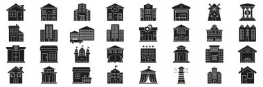 Bina ve Mimari Katı Simge Seti. Evler, Ofisler, Dükkanlar, Simgeler Sembol Koleksiyonu dahil çeşitli yapılar. Şehir ve Kırsal Altyapı. İzole Vektör İllüstrasyonu.