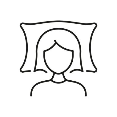 Yastık Çizgisi Simgesi ile Uyuyan Kadın. Dinlenme, rahatlama ve uyku kalitesi ana hatları sembolü. Uyku Sağlığı ve Rahatlık Temsilcisi. Düzenlenebilir Vuruş. İzole Vektör İllüstrasyonu.