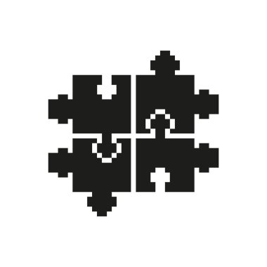Dört Birbirine kenetlenmiş Yapboz Parçası Pixel Sanat Simgesi. Takım çalışması, İşbirliği ve Problem Çözme Sembolü. Birlik ve Bütünleşme Konsepti. İzole Vektör İllüstrasyonu.