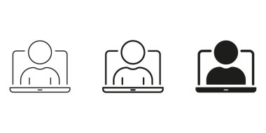 Dizüstü bilgisayardaki kişi ve Katı Simge Ayarları. Sanal Buluşma, Çevrimiçi İletişim ve Uzaktan Çalışma Silüeti Sembol Koleksiyonu. Dijital etkileşim. İzole Vektör İllüstrasyonu.