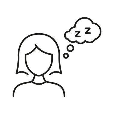 Uyku hattı ikonunu düşünen biri. Dinlenme, gevşeme ve Hayal Anahatı Sembolü. Uykulu Düşünceler ve Yorgunluk Sunumu. Düzenlenebilir Vuruş. İzole Vektör İllüstrasyonu.