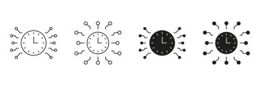 Devre çizgileri ve Katı Simge Ayarlı Saat. Zaman Yönetimi ve Dijital Bağlantı Sembol Koleksiyonu. Teknoloji ve Verimlilik Temsili. İzole Vektör İllüstrasyonu.