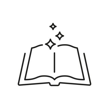 Işıltılı çizgi simgesi olan kitabı aç. Bilgi, hayal gücü, ve ana hatları okuma büyüsü. Eğitici İlham ve Yaratıcılık. Düzenlenebilir Vuruş. İzole Vektör İllüstrasyonu.