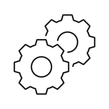 İki Birbirine kenetlenmiş Vites Çizgisi Simgesi. Makine Mühendisliği, Süreç Optimizasyonu ve Endüstriyel Otomasyon Ana Hattı Sembolü. Makine verimliliği. Düzenlenebilir Vuruş. İzole Vektör İllüstrasyonu.