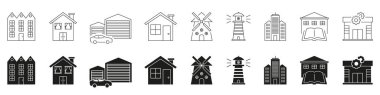 Çeşitli Yapı Tipleri ve Katı Simge Seti. Konut, Endüstriyel, Eğitim Yapıları Siluet Sembol Koleksiyonu. Mimarlık ve Altyapı Elementleri. İzole Vektör İllüstrasyonu.