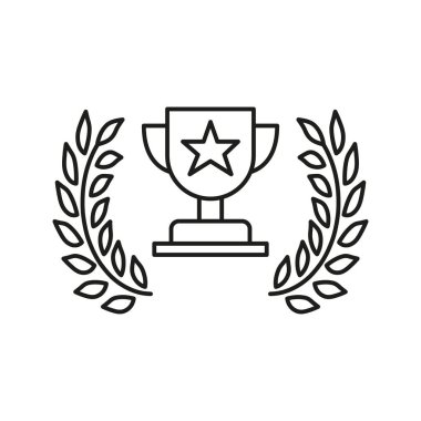 Laurel Çelenk Hattı Simgesi ile Kupa. Başarı, Mükemmellik ve Zafer Tanıma Ana Hattı Sembolü. Ödül töreni ve Başarı Kutlaması. Düzenlenebilir Vuruş. İzole Vektör İllüstrasyonu.