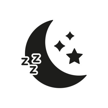 Yıldızlı Hilal Ay ve Uyku Sembolü Katı Simge Simgesi. Gece Dinlenmesi, Uyku Kalitesi ve Rahatlama Silüeti Sembolü. Rüya ve Gece Gökyüzü Sunumu. İzole Vektör İllüstrasyonu.