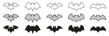 Bat In Line, Outline, And Glyph Icons Set. Korku teması için Cadılar Bayramı Sembol Koleksiyonu. İzole Vektör İllüstrasyonu.