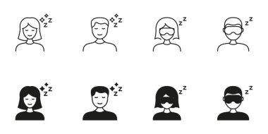 Göz Maskesi Hattı ve Katı Simge Ayarlı Uyuyan İnsanlar. Dinlenme, rahatlama ve uyku kalitesi sembolü koleksiyonu. Uyku maskesi takan kadın ve erkekleri gösteriyor. İzole Vektör İllüstrasyonu.